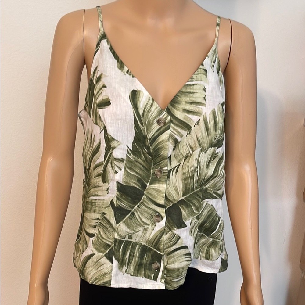 NWT H&M Premium Linen Green Palm Leaf Print Top
